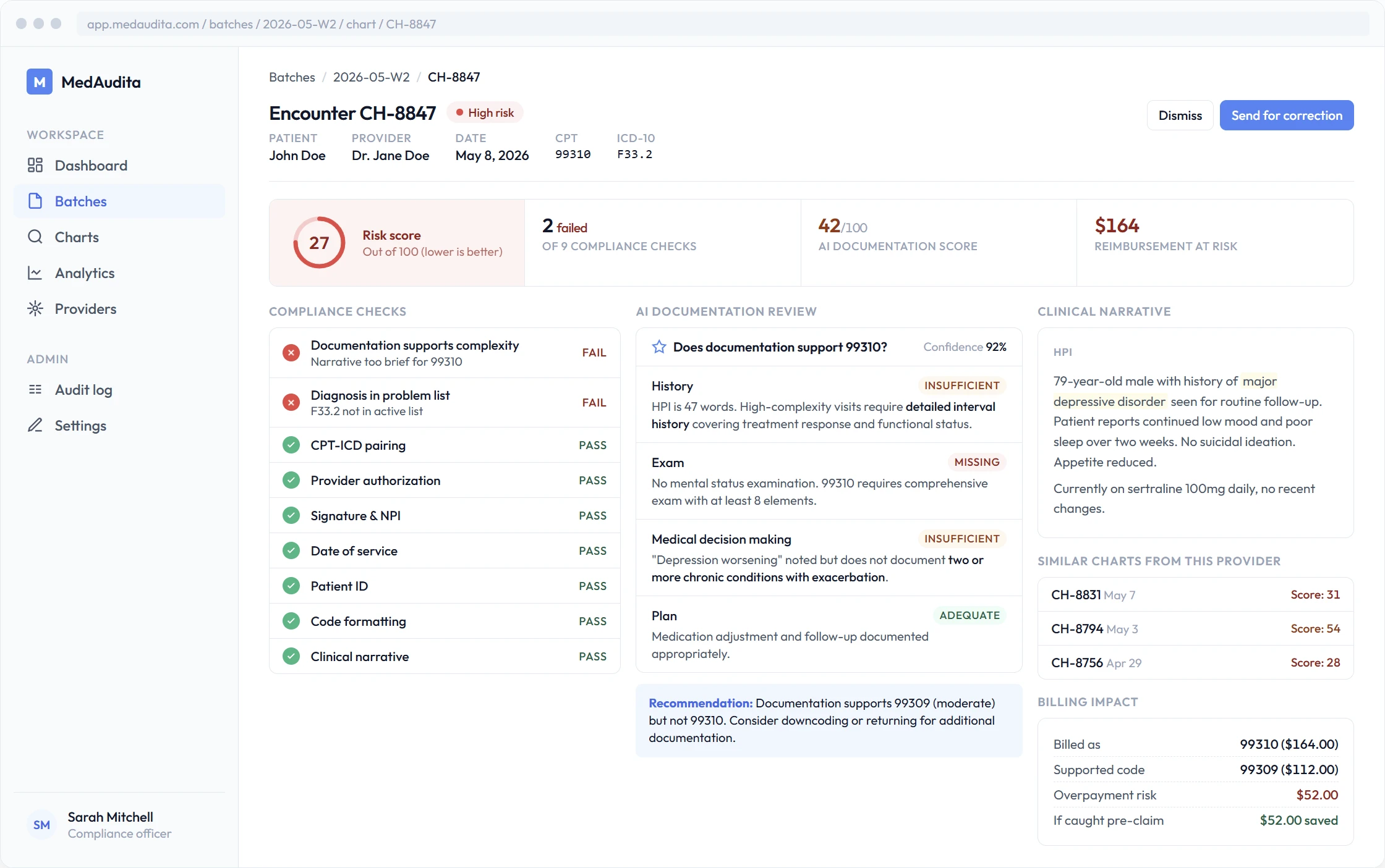 MedAudita chart detail view showing compliance checks, AI documentation review, and clinical narrative analysis